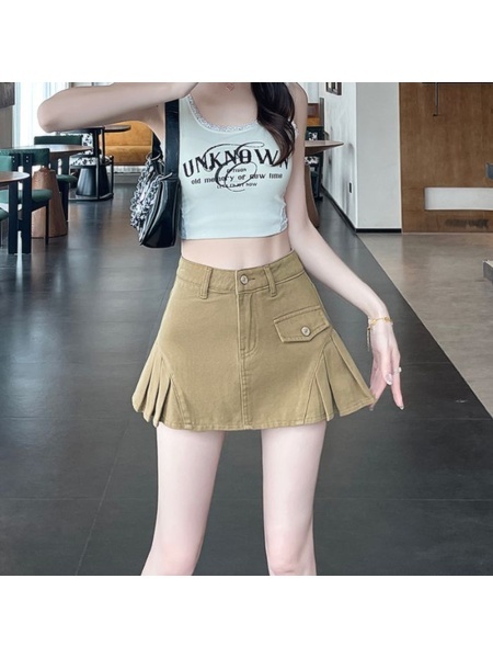 Khaki Denim Skirt Short Skirt 2025 Summer New High Waist Slim A-Line Hot Girl Style Hip Skirt - Khaki