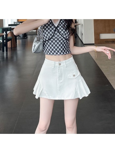 White Denim Skirt Short Skirt 2025 Summer New High Waist Slim A-Line Hot Girl Style Hip Skirt - White