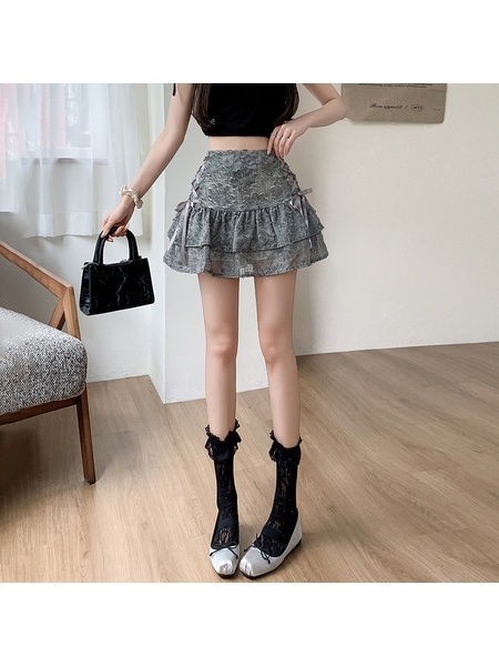 Gray Real Shot Design Niche Bow Pleated Skirt Female Summer Slim Ballet Style Puffy Cake Short Skirt - Gray