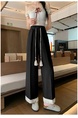 Black Women's Lace Frayed Stitching Cotton and Linen Wide-Leg Pants Summer New Cropped Straight Pants High Waist Drooping Drawstring Casual Pants - Black