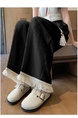 Black Women's Lace Frayed Stitching Cotton and Linen Wide-Leg Pants Summer New Cropped Straight Pants High Waist Drooping Drawstring Casual Pants - Black