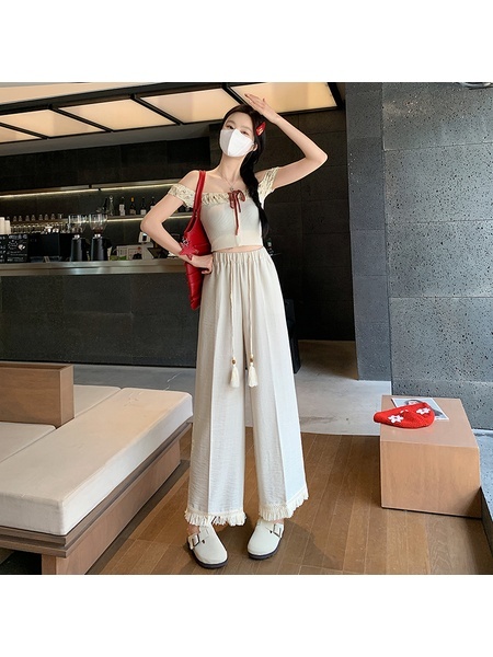 White Women's Lace Frayed Stitching Cotton and Linen Wide-Leg Pants Summer New Cropped Straight Pants High Waist Drooping Drawstring Casual Pants - White