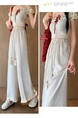 White Women's Lace Frayed Stitching Cotton and Linen Wide-Leg Pants Summer New Cropped Straight Pants High Waist Drooping Drawstring Casual Pants - White