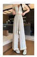 White Women's Lace Frayed Stitching Cotton and Linen Wide-Leg Pants Summer New Cropped Straight Pants High Waist Drooping Drawstring Casual Pants - White