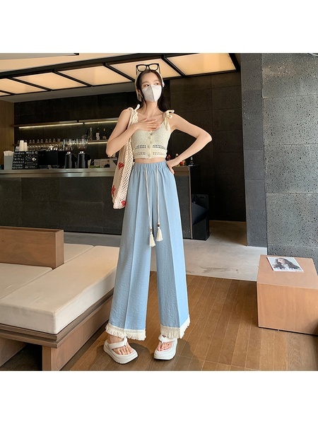 Light Blue Women's Lace Frayed Stitching Cotton and Linen Wide-Leg Pants Summer New Cropped Straight Pants High Waist Drooping Drawstring Casual Pants - Light Blue