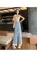 Light Blue Women's Lace Frayed Stitching Cotton and Linen Wide-Leg Pants Summer New Cropped Straight Pants High Waist Drooping Drawstring Casual Pants - Light Blue