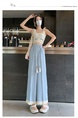 Light Blue Women's Lace Frayed Stitching Cotton and Linen Wide-Leg Pants Summer New Cropped Straight Pants High Waist Drooping Drawstring Casual Pants - Light Blue