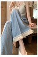 Light Blue Women's Lace Frayed Stitching Cotton and Linen Wide-Leg Pants Summer New Cropped Straight Pants High Waist Drooping Drawstring Casual Pants - Light Blue