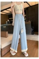 Light Blue Women's Lace Frayed Stitching Cotton and Linen Wide-Leg Pants Summer New Cropped Straight Pants High Waist Drooping Drawstring Casual Pants - Light Blue