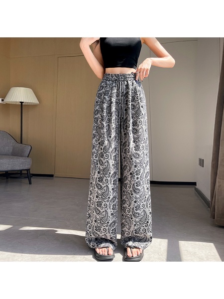 Black and White Real Shot Ice Silk Satin Printed Wide-Leg Pants Women's Summer Thin and All-Matching Slimming Drape Leisure Air Conditioning Sun-Proof Trousers - Black and White