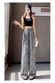 Black and White Real Shot Ice Silk Satin Printed Wide-Leg Pants Women's Summer Thin and All-Matching Slimming Drape Leisure Air Conditioning Sun-Proof Trousers - Black and White