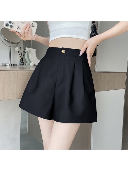 Real Shot Spot Summer New Ice Silk Shorts A-line Wide Leg Pants High Waist Slimming Silky Glossy Casual Pants for Women - Black