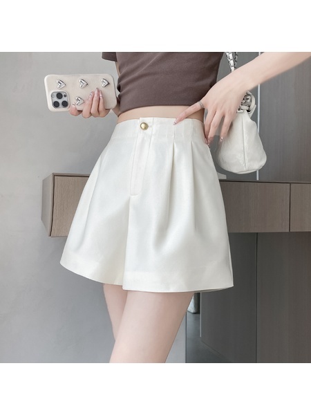 Real Shot Spot Summer New Ice Silk Shorts A-line Wide Leg Pants High Waist Slimming Silky Glossy Casual Pants for Women - Off-White
