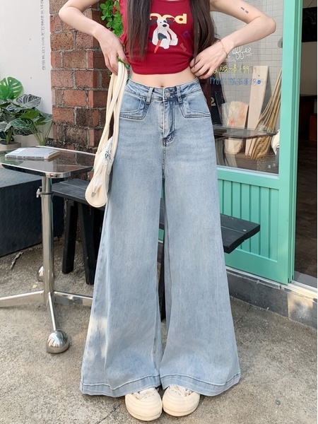 Real Shot Cost-Effective# Loose Straight-Leg Denim Trousers for Women Retro Washed Loose Trousers Wide Leg Light Color Flared Pants - LIGHT BLUE