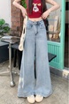 Real Shot Cost-Effective# Loose Straight-Leg Denim Trousers for Women Retro Washed Loose Trousers Wide Leg Light Color Flared Pants - LIGHT BLUE