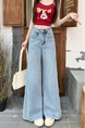 Real Shot Cost-Effective# Loose Straight-Leg Denim Trousers for Women Retro Washed Loose Trousers Wide Leg Light Color Flared Pants - LIGHT BLUE