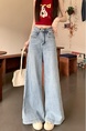 Real Shot Cost-Effective# Loose Straight-Leg Denim Trousers for Women Retro Washed Loose Trousers Wide Leg Light Color Flared Pants - LIGHT BLUE