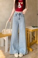 Real Shot Cost-Effective# Loose Straight-Leg Denim Trousers for Women Retro Washed Loose Trousers Wide Leg Light Color Flared Pants - LIGHT BLUE