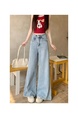 Real Shot Cost-Effective# Loose Straight-Leg Denim Trousers for Women Retro Washed Loose Trousers Wide Leg Light Color Flared Pants - LIGHT BLUE