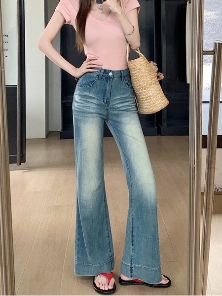 Real Shot Cost-Effective# High Waist Straight Slightly Flared Denim Trousers Women's Stretch Slim Fit Retro Washed Loose Wide Leg Pants - LIGHT BLUE