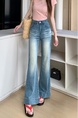 Real Shot Cost-Effective# High Waist Straight Slightly Flared Denim Trousers Women's Stretch Slim Fit Retro Washed Loose Wide Leg Pants - LIGHT BLUE