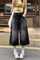 American Retro Loose Profile Washed Distressed Cropped Denim Shorts Women's Summer High Street Design Sense Wide Leg Middle Pants - BLACK