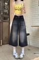 American Retro Loose Profile Washed Distressed Cropped Denim Shorts Women's Summer High Street Design Sense Wide Leg Middle Pants - BLACK
