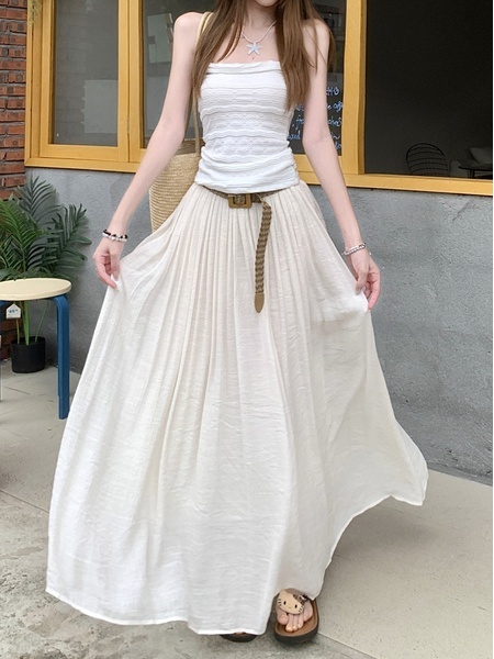 Real Shot of Summer Retro Cotton and Linen Long Skirt for Women - WHITE