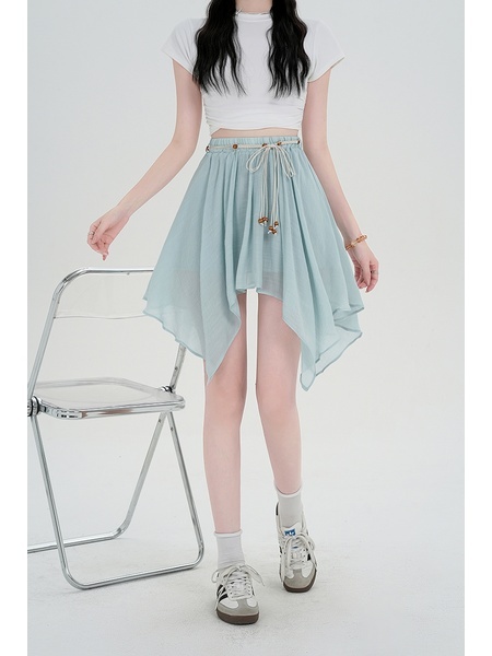 Design Sense Ice Silk Cotton Linen Irregular Light Blue Skirt Women's New Style All-Match Slim Short Skirt Hip Cover Casual Skirt with Belt