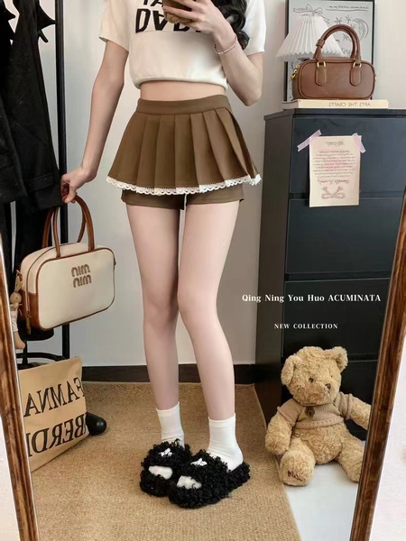 Brown Lace Patchwork Skirt for Women in Spring, College Style, A-Line Pleated Skirt, Small Size, Slimming Skirt Pants