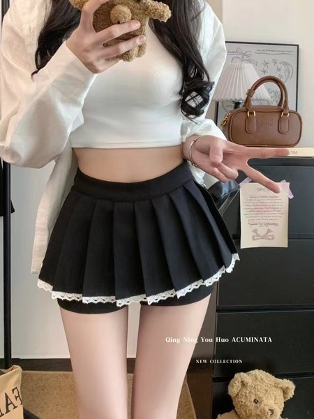 Black Lace Patchwork Skirt for Women in Spring, College Style, A-Line Pleated Skirt, Small Size, Slimming Skirt Pants