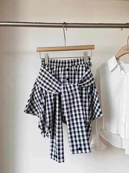 Black and White Plaid Large Size All-Match Irregular Skirt for Women, Spring and Summer New High Waist Slimming A-Line Lace-Up Short Skirt