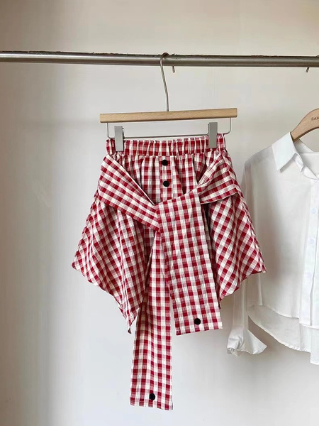 Red and White Plaid Large Size All-Match Irregular Skirt for Women, Spring and Summer New High Waist Slimming A-Line Lace-Up Short Skirt