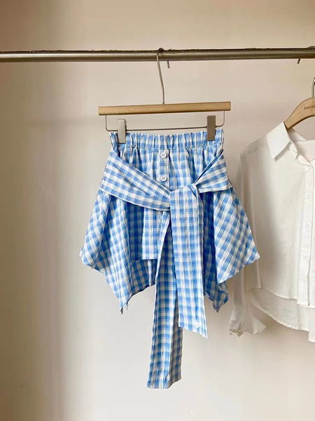 Blue and White Gingham Large Size All-Match Irregular Skirt for Women, Spring and Summer New High Waist Slimming A-Line Lace-Up Short Skirt