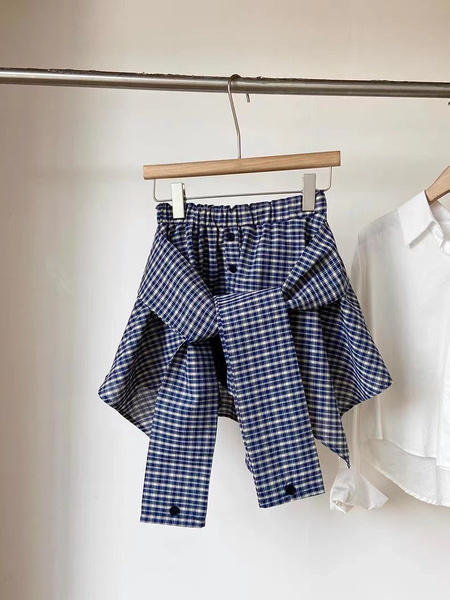 Blue and White Plaid Large Size All-Match Irregular Skirt for Women, Spring and Summer New High Waist Slimming A-Line Lace-Up Short Skirt