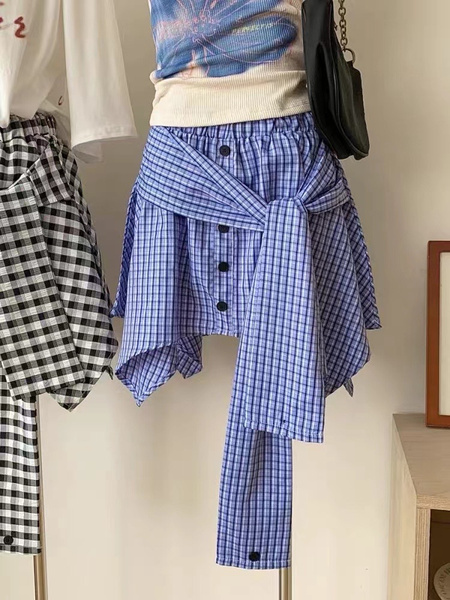 Blue and White Checkered Large Size All-Match Irregular Skirt for Women, Spring and Summer New High Waist Slimming A-Line Lace-Up Short Skirt