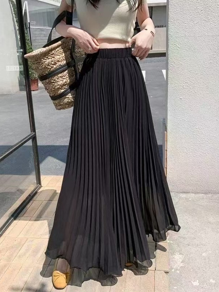 Black Gentle Style High Waist Skirt, Women's Summer New Casual Loose Pleated Hem Slim Drape Long Skirt