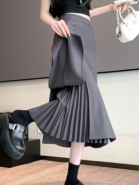 Charcoal Gray High Waist Fashionable Suit Skirt, Women's Spring and Summer Medium Long Slit Slim Pleated Skirt