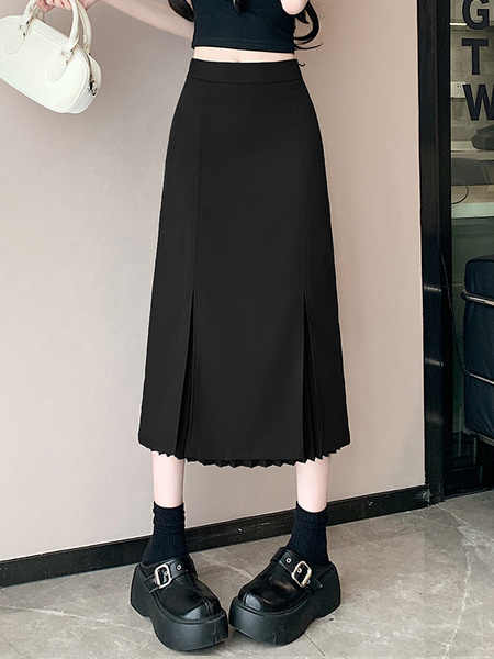 Jet Black High Waist Fashionable Suit Skirt, Women's Spring and Summer Medium Long Slit Slim Pleated Skirt