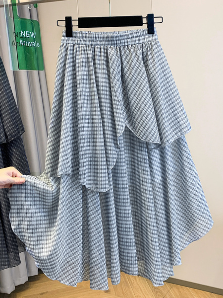 Light Blue Plus Size Women's Fashionable Retro Versatile Loose Slimming Hip-Covering Irregular Plaid Skirt