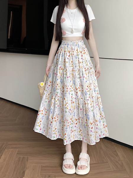 Pastel Floral A-Line Mid-Length Skirt for Women - 2025 Summer Collection