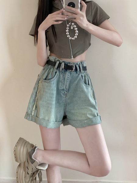 Real Shot Cost-Effective New High Waist Light Wash Denim Shorts - Women's A-line Curling Design in Light Blue
