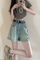 Real Shot Cost-Effective New High Waist Light Wash Denim Shorts - Women's A-line Curling Design in Light Blue