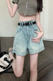 Real Shot Cost-Effective New High Waist Light Wash Denim Shorts - Women's A-line Curling Design in Light Blue