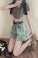 Real Shot Cost-Effective New High Waist Light Wash Denim Shorts - Women's A-line Curling Design in Light Blue