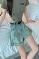 Real Shot Cost-Effective New High Waist Light Wash Denim Shorts - Women's A-line Curling Design in Light Blue