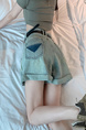 Real Shot Cost-Effective New High Waist Light Wash Denim Shorts - Women's A-line Curling Design in Light Blue