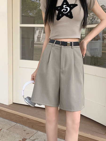 Real Shot New Korean Style Internet Hot Fifth Pants Neutral Suit Shorts Casual Straight-Leg Middle Pants Women with Belt - Beige