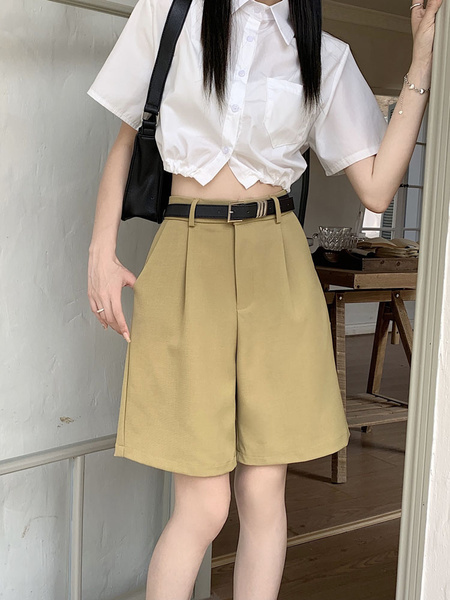 Real Shot New Korean Style Internet Hot Fifth Pants Neutral Suit Shorts Casual Straight-Leg Middle Pants Women with Belt - Khaki