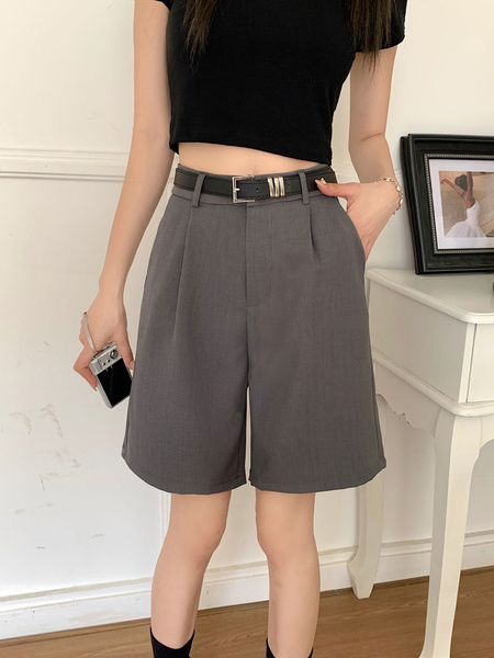 Real Shot New Korean Style Internet Hot Fifth Pants Neutral Suit Shorts Casual Straight-Leg Middle Pants Women with Belt - Gray